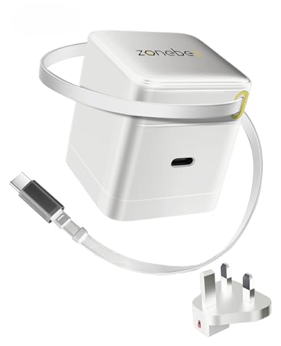 Zonebee 35W GaN Compact Fast Charger with Retractable Cable Dual USB-C Ports Swappable UK/US Plug for MacBook Air iPad Pro/Air iPhone 17/16/15 Samsung Galaxy Google Pixel