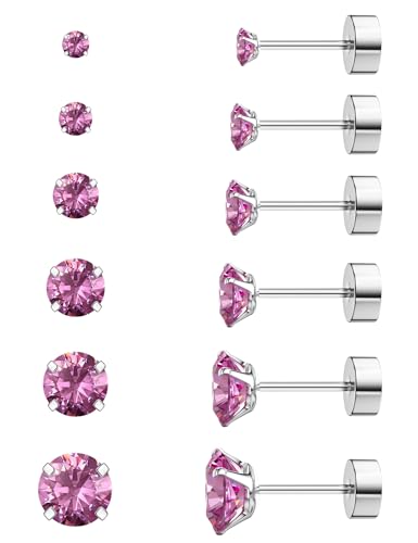 6 Pairs Hypoallergenic Cubic Zirconia Earrings Surgical Steel Flat Back Studs for Cartilage, Screw Back Fashion Jewelry