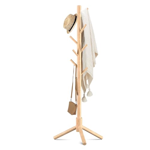 Haddockway Wooden Coat Rack Stand with 8 Hooks New Zealand Pine 3 Adjustable Coat Standing Tree Easy Assembly for Coats, Hats, Scarves and Handbags for Entryway, Hallway, Bedroom, Office