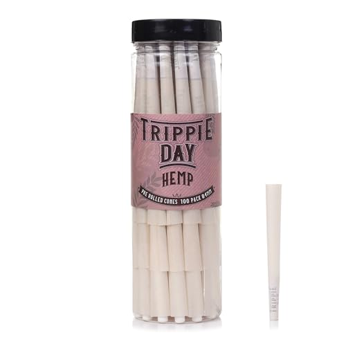 Trippie Day 100 Pack 1 1/4 Size Organic Unbleached Hemp Cones - Pre rolled Cones with Filter Tips and Packing Tubes Included