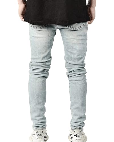 Men's Jeans Slim Fit Mid Waist Straight Leg Ripped Distressed Holes Classic Denim Patches Jean3