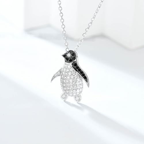 925 Sterling Silver Penguin Necklace with Black and White Cubic Zirconia Cute Penguin Charm Jewelry Penguin Gifts for Women 18 to 20 Inch Adjustable Chain3