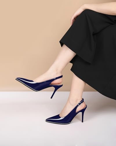 Image of SAMMITOP Women Slingback Heels Stilettos Closed Pointed Toe High Heel Silver Beaded Pumps Comfortable 3.5 Inch High Heels for Women Dressy Shoes