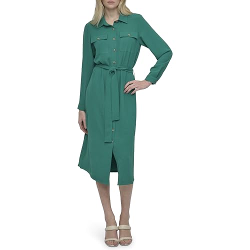 Image of DKNY Women's Long Sleeve Collared Tie Waist Midi Shirtdress