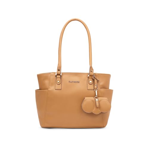 Image of Caprese Lexi Medium Tote Bag for Women | Solid Faux Leather Shoulder Handbag with Zipper Closure | External Eyewear /Sunglass Charm Case | Stylish Bag for Office & Everyday Use