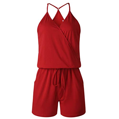 Women Loose Shorts Rompers V Neck Sleeveless Rompers Casual Jumpsuit Elastic Waist Shorts Outfit Sets Shorts Tracksuit (Red, XL)