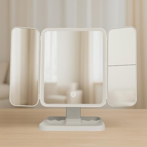 Image of Plastic Rectangular LED Makeup Mirror with Adjustable Trifold Angle and LED Lights | Vanity Mirror with 3 Adjustable Coloured LED Light with USB Power and Battery Power (White), Tabletop
