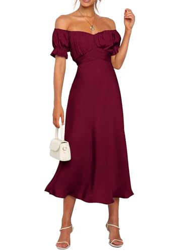 KIRUNDO Women's 2026 Spring Summer Satin Wedding Guest Midi Dress Off The Shoulder Wrap Party Cocktail Formal Prom Dresses(Dark Wine Red, Medium)