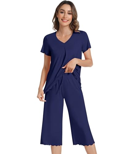 Image of NACHILA Women's Pajama Sets Cooling Bamboo Viscose V-Neck Top & Capri Pants | Lightweight, Breathable, Moisture-Wicking, Buttery Soft, Ideal for Hot Sleepers, Night Sweats and Hot Flashes, Sleep & Lounge