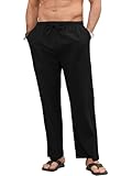 Aisprts Leinenhose Herren Leichte Sommerhose Herren Loose Fit Freizeithose mit Elastischem Bund und Kordelzug für Urlaub Strand und Alltag, Schwarz, L