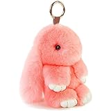 HXINFU Soft Cute Rabbit Fur Pom Pom Keychain Fluffy Real Rex Bunny Keychain Decoration