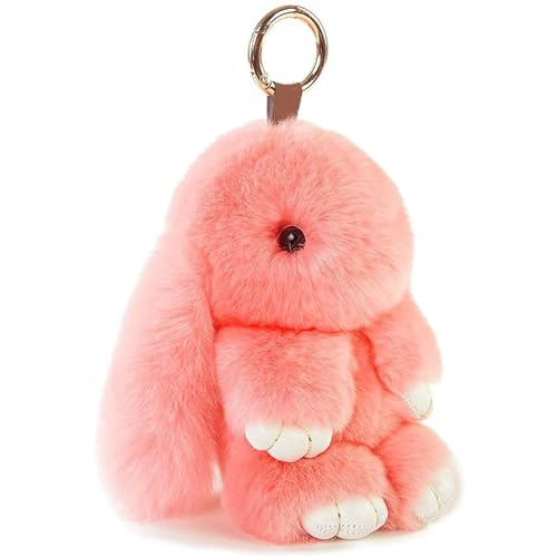 HXINFU Soft Cute Rabbit Fur Pom Pom Keychain Fluffy Real Rex Bunny Keychain Decoration
