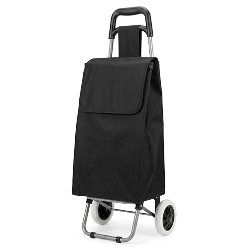Luxtrous 59L Shopping Trolley on Wheels Foldable Rolling Push Trolly Grocery Cart with Lightweight Waterproof Bag Aluminium Alloy Frame Trolley 2 Wheel Utility Shopping Cart (Black)
