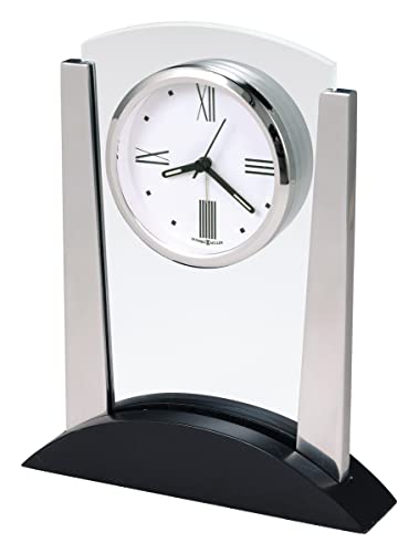Howard Miller Denham Tabletop Clock – Contemporary Alarm Clock with Arched Glass Panel Silent Sweep Quartz Movement Roman Numeral Dial Satin Finish Best for Office and Home Decor