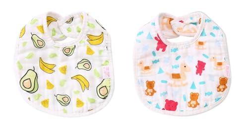Image of BabyGo Muslin Cotton Baby Bibs | Pure Cotton 8-Layer Super Absorbent Cartoon Print Feeding & Drool Bibs | Ultra-Soft, Washable & Reusable Bibs for Infants, Toddlers & Newborns | Pack of 2 (Multicolor)