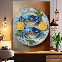 XINBAO Blue Snow Crab Wall Art Decor - Animals Canvas Kitchen & Dining Room Decor, Blue & Orange Coastal Theme, Home Painting(30x40cm/Inner frame)