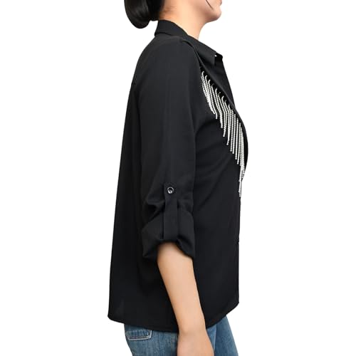 Women's Fringe Trim Shirts Long Sleeve Button Down Rhinestone Top Sparkly Shirt Blouse Cowgirl Western Country Concert Outfit4