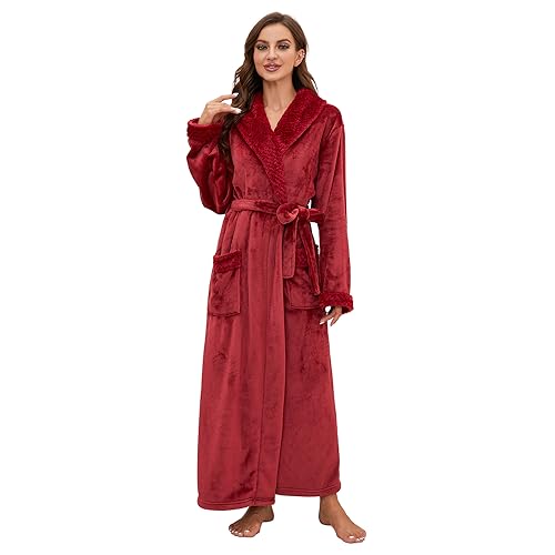 HEARTNICE Womens Long Fleece Robe Soft Plush Robes for Women Warm Bathrobes Comfy House Coat Full-length (Burgundy,L/XL)