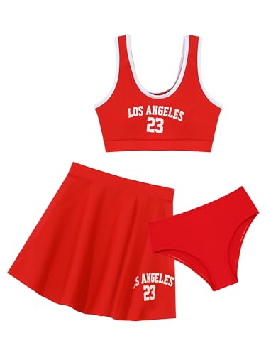 TTAO Girls Athletic Bikini Swimwear with Cover Ups Beach Skirt Sleeveless Summer Hawaiian Swimsuit Red 7-8 Years