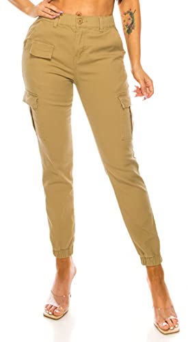 Double Denim Women's High Waist Jogger Pants - Casual Cargo Elastic Waistband Sweatpants Tapered Fatigue with 6 Pockets SCP-2049 Khaki M