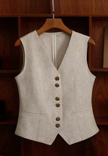 Women's V-neck Linen Suit Vest Single Breasted Lightweight Slim Fit Sleeveless Waistcoat2