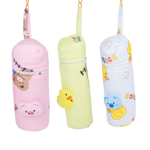THE LITTLE LOOKERS Soft Plush Stretchable Baby Feeding Bottle Cover with Easy to Hold Strap | Cute Animated Overall Print Pack of 3(Multicolor, Zip Closure 240ml/8OZ)