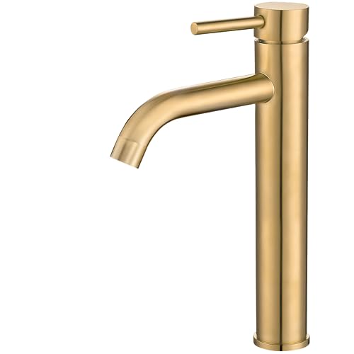 VALAZ Grifo Lavabo Dorado Cepillado Protección PVD, Alto Pica | Grifo Monomando Lavabo, Mezclador Agua Fría y Caliente, Ahorro de Agua | Instalación Facil y Rápida | Latón, Inoxidable, Serie Jabalon