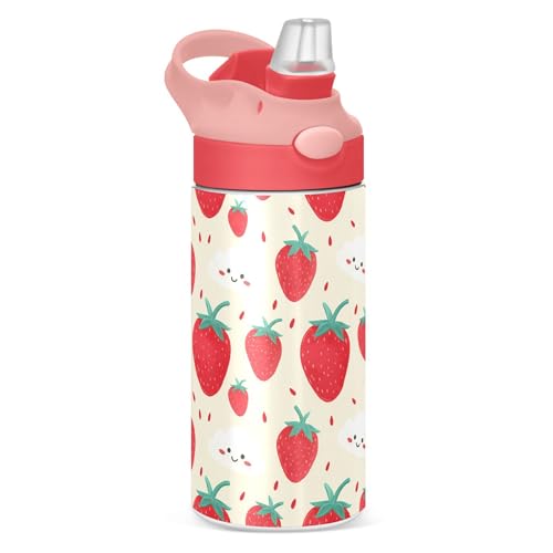 Sevdomey Lindas fresas - Botella de agua para niños y niñas, de acero inoxidable, aislada a prueba de fugas, 350 ml, con pajilla, para escuela, guardería, viajes, deportes