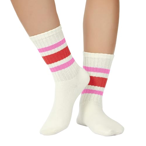 Image of Zando Novelty Striped Retro Vintage Casual Crew Socks for Women - Cotton Sporty Calf Socks