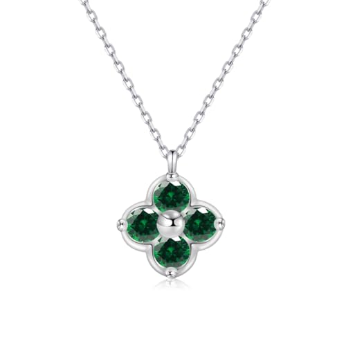 PHNIBIRD Collar Plata Mujer con Esmeralda La Piedra Natal de Mayo 40-45 CM Ajustable Colgante Trebol 4 Hojas Minimalistas Elegantes Joyas Regalos para Mujer