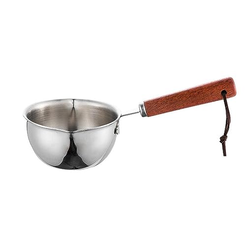 Stainless Steel Milk Pan with Wood Handle, Mini Butter Warmer 10cm Enamelware Saucepan Pan Cookware with Wooden Handle, Perfect Size for Milk Oil Butter Sauce (200ML)