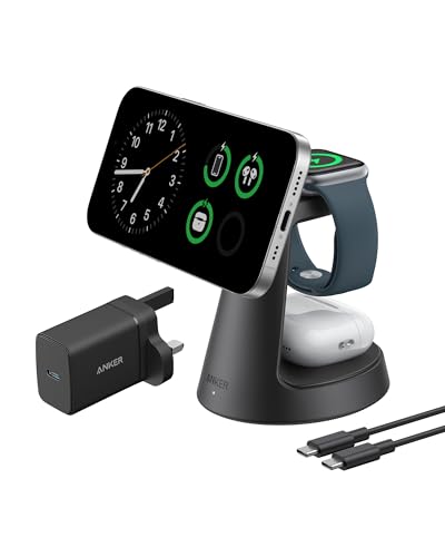Anker MagGo Magnetic Wireless Charger (Dock Stand) 3-in-1 Qi2 Certified 15W MagSafe Compatible Wireless Charger For iPhone 17/16/15/14/13 Series Apple Watch AirPods Pro and More (Adapter Included