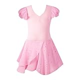 Hotfiary Girls Ruffle Sleeve Ballet Dance Dress Tutu Skirted Leotard Shiny Short Sleeve Ballet Leotard with Skirt 5-12Y
