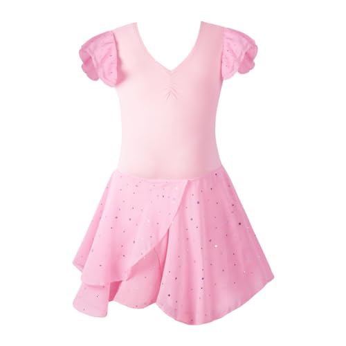 Hotfiary Girls Ruffle Sleeve Ballet Dance Dress Tutu Skirted Leotard Shiny Short Sleeve Ballet Leotard with Skirt 5-12Y