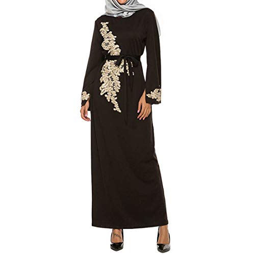 Women Muslim Dress Middle East Arabian Robe Islamic Abaya Long Sleeve Rhinestones Embroidered Cardigan Dress (Type B-Black, M)