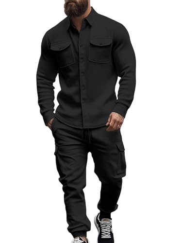 Men's Fleece Cargo Jacket Tracksuit Set 2 Pieces Solid Color