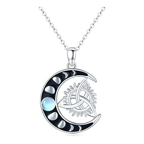 ECHOOY Moonstone Necklace S925 Sterling Silver Celtic Knot Pendant Sun and Moon Necklace, Celtic Trinity Crescent Moon Good Luck Irish Jewellery Gifts for Women Girls Cover