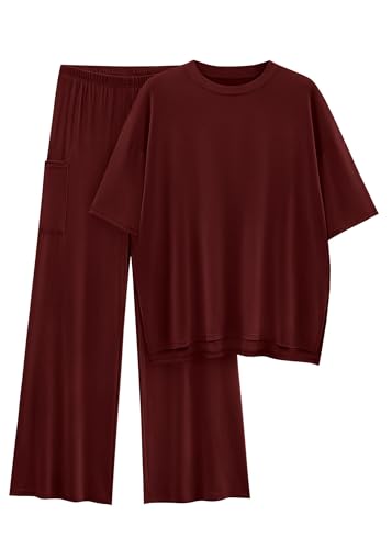 Image of KIRUNDO 2 Piece Lounge Sets for Women Airport Travel Vacation Outfits Summer Casual Loose Short Sleeve Tops & Wide Leg Pants