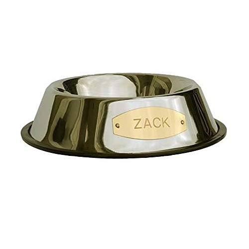 LuckyPet Stainless Steel Pet Bowl with Engraved Brass Plaque & Non-Skid Base, Size Large