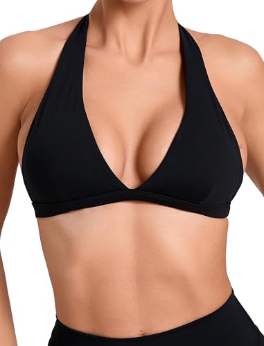 Sport-BH Damen Neckholder für Fitness: Rückenfrei Gepolstert Bra mit tiefem V-Ausschnitt und beweglichen BH-Pads Ohne Bügel Push up - Sexy Büstenhalter für Yoga Lauf Gym schwarz M Sport-BH Damen Neckholder für Fitness: Rückenfrei Gepolstert Bra mit tiefem V-Ausschnitt und beweglichen BH-Pads Ohne Bügel Push up - Sexy Büstenhalter für Yoga Lauf Gym schwarz M