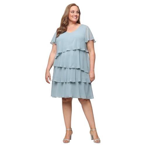 Image of S.L. Fashions Women's V-Neck Chiffon Cocktail Dress with Beaded Shoulders and Asymmetrical Tiers (Petite and Regular Sizes)