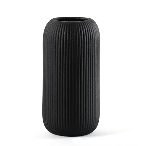 Moderne Keramik Vase, Weiß, Gerippt, Zylindrische Form (Schwarz)