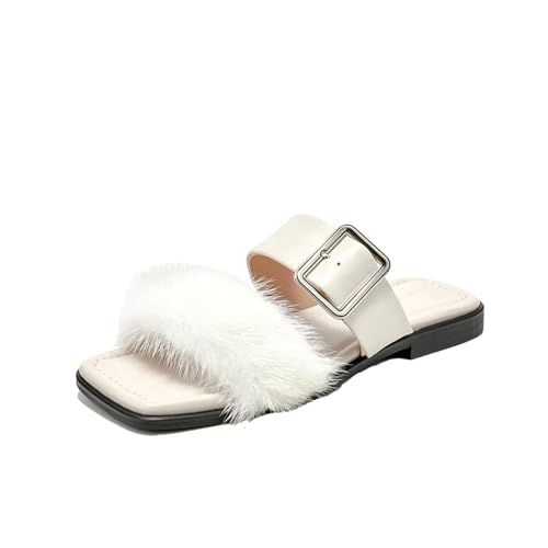 Women's Genuine Leather Mink Fur Slippers - Open Toe Summer Beach Flats