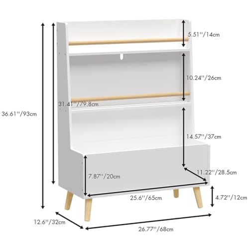 CuisinSmart Kids Bookshelf with Toy Organizer, 3-Tier Wooden Children's Book Shelf, Toy Storage Organizer with Legs, Kids Bookcase for Children's Room, Playroom, Nursery and Classroom White B
