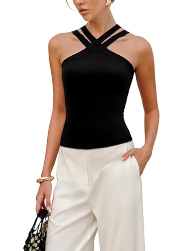 Yeokou Women Cross Strap Tank Top Halter Neck Metal Decor Knit Pullover Summer Casual Sleeveless Blouse(Black-S)