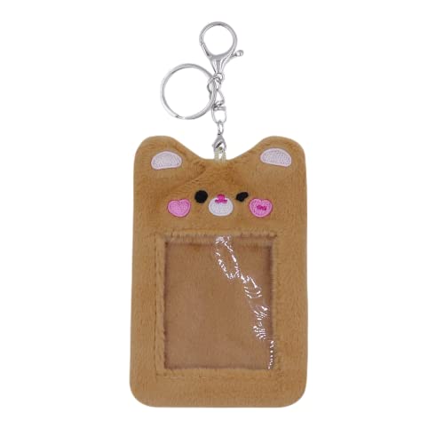 Bonito suporte de cartão fotográfico Kpop de pelúcia com chaveiro, urso de desenho animado coelho gato capa para foto ID banco porta-cartão de crédito papelaria, Urso cáqui escuro, One Size