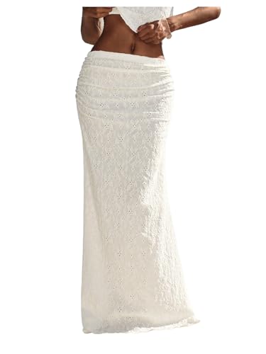 Verdusa Women's Eyelet Embroidery Ruched Maxi Skirt Drop Waist Fishtail Bodycon Skirts