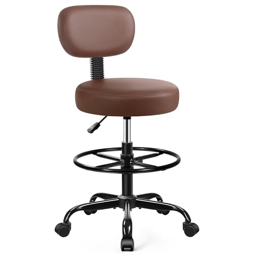 Image of Brick Attic Drafting Chair with Backrest - Adjustable Foot Rest Rolling Stool with Wheels, PU Leather Swivel Stool for Office Spa Studio Lab Counter Salon Home Work Bar Kitchen Shop(Brown)