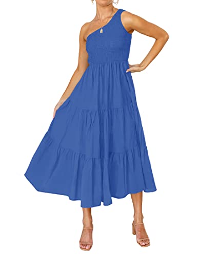 Image of ZESICA Womens Summer Floral One Shoulder Midi Dresses | Sleeveless Long Dress, Ruffle Tiered, Fashion Smocked Dress, Boho, Smocked Bodice, Flowy A Line Dress, Beach Vacation Dress