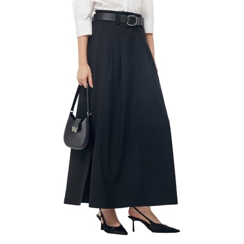 Women's A-Line Maxi Skirt with Belt and Pocket, Ankle Length, Black